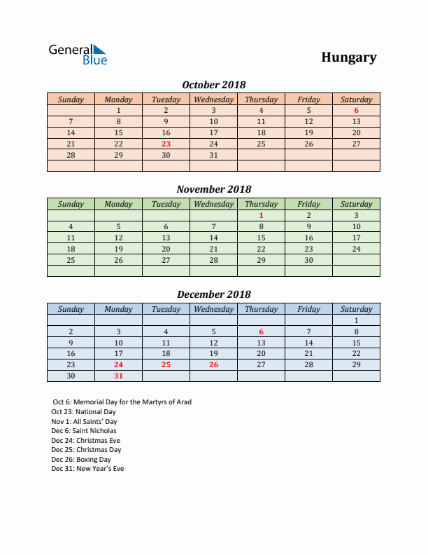 Q4 2018 Holiday Calendar - Hungary