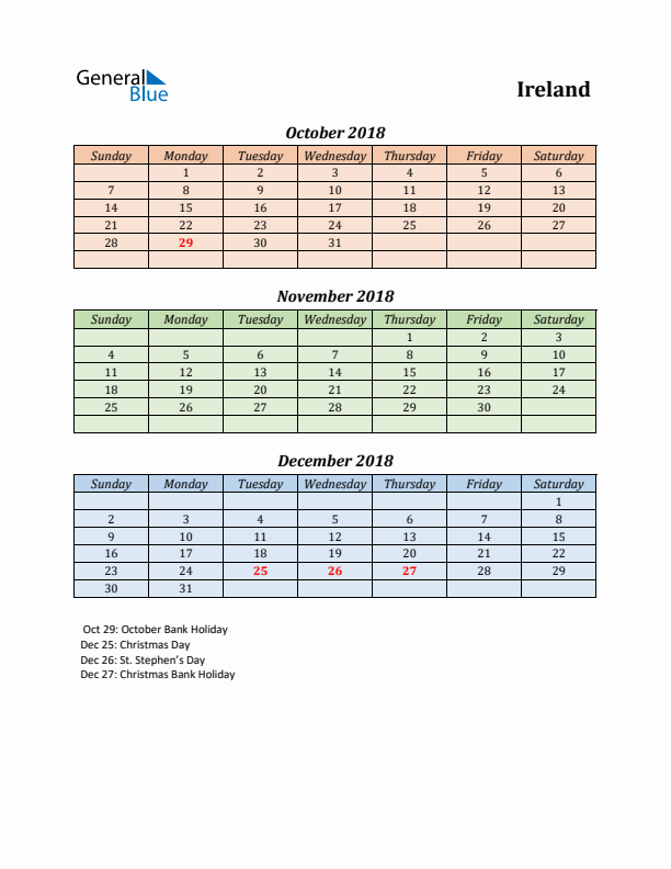 Q4 2018 Holiday Calendar - Ireland