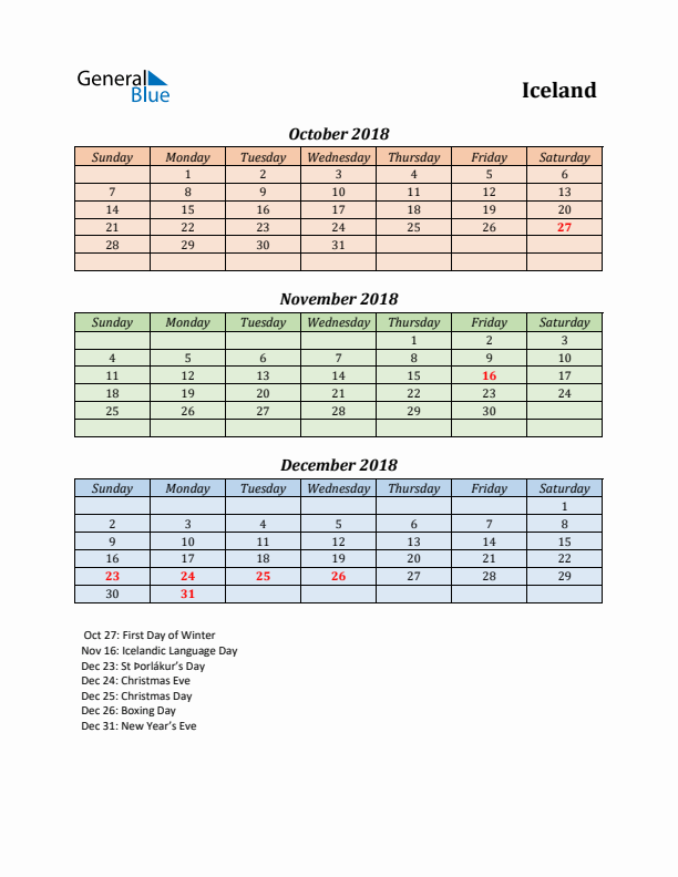 Q4 2018 Holiday Calendar - Iceland