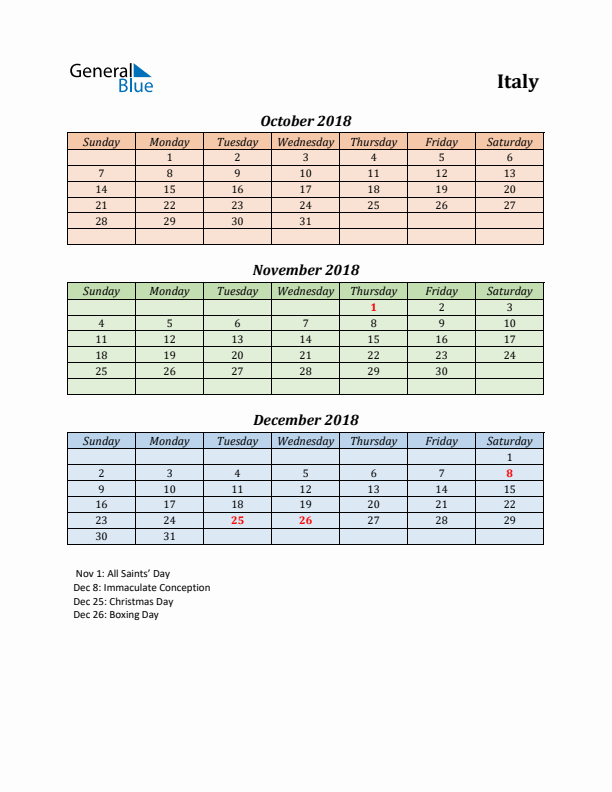 Q4 2018 Holiday Calendar - Italy