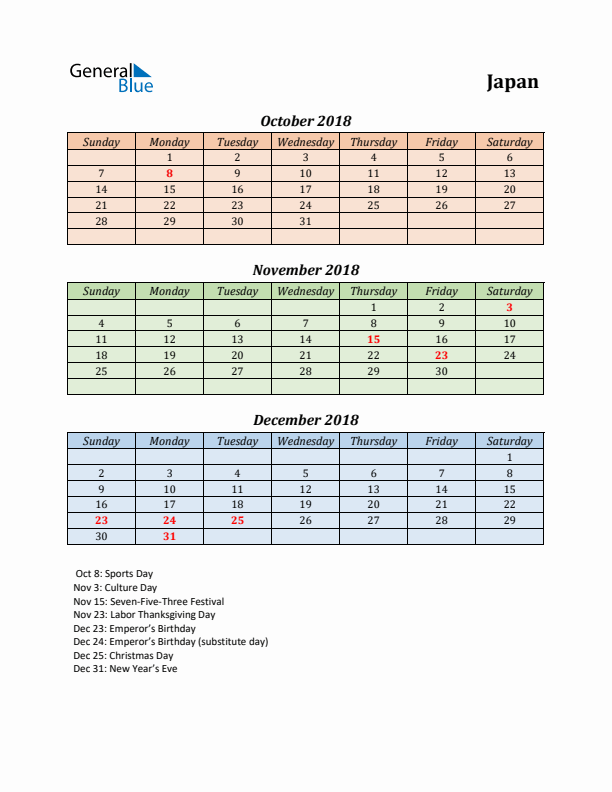 Q4 2018 Holiday Calendar - Japan