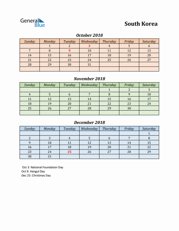 Q4 2018 Holiday Calendar - South Korea