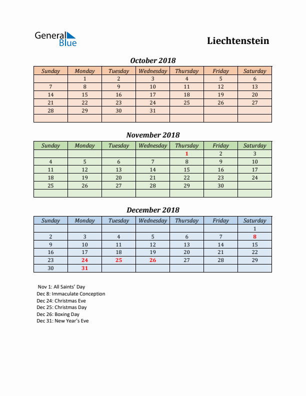 Q4 2018 Holiday Calendar - Liechtenstein