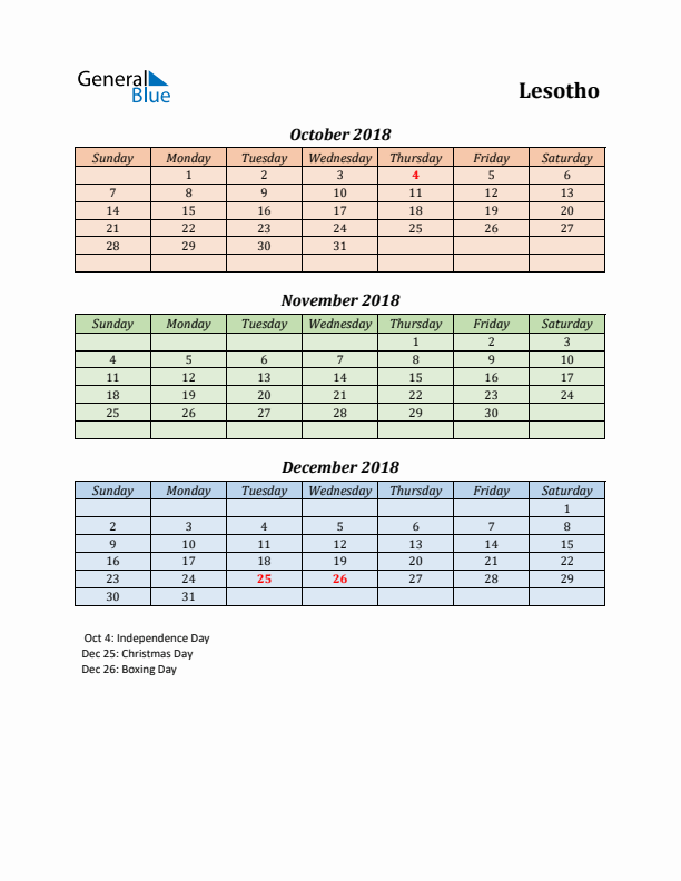 Q4 2018 Holiday Calendar - Lesotho