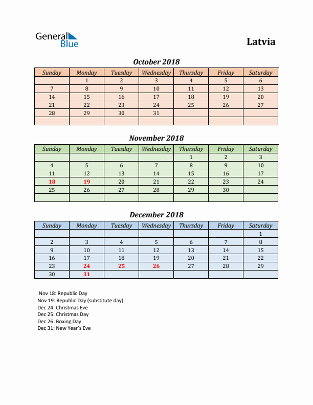 Q4 2018 Holiday Calendar - Latvia