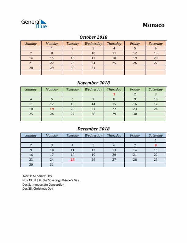 Q4 2018 Holiday Calendar - Monaco