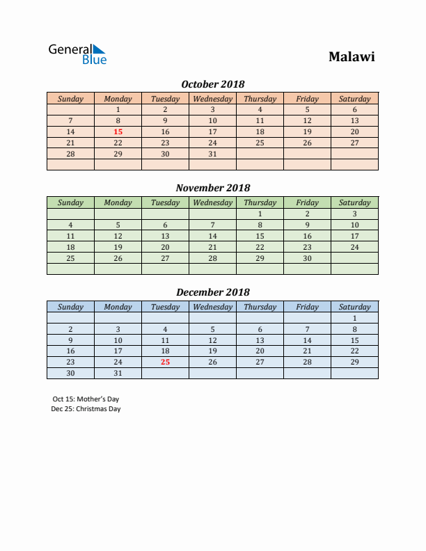 Q4 2018 Holiday Calendar - Malawi