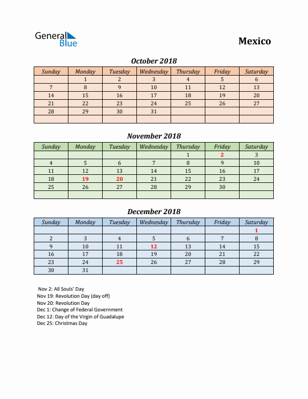 Q4 2018 Holiday Calendar - Mexico