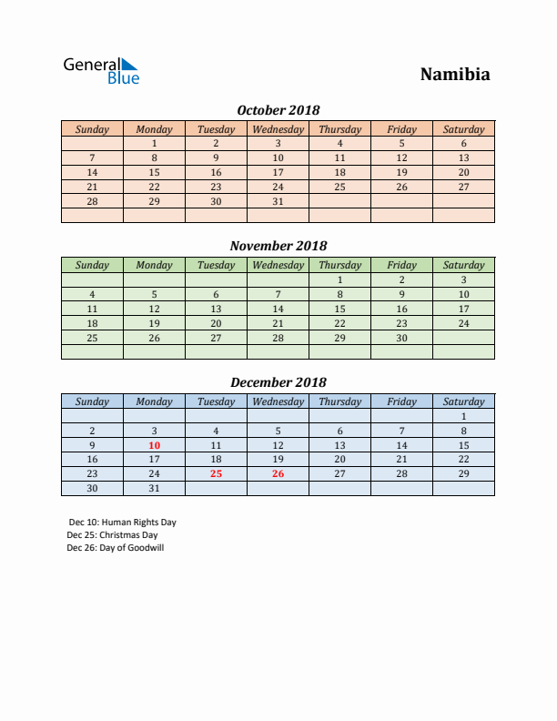 Q4 2018 Holiday Calendar - Namibia