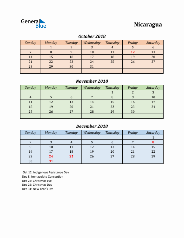 Q4 2018 Holiday Calendar - Nicaragua