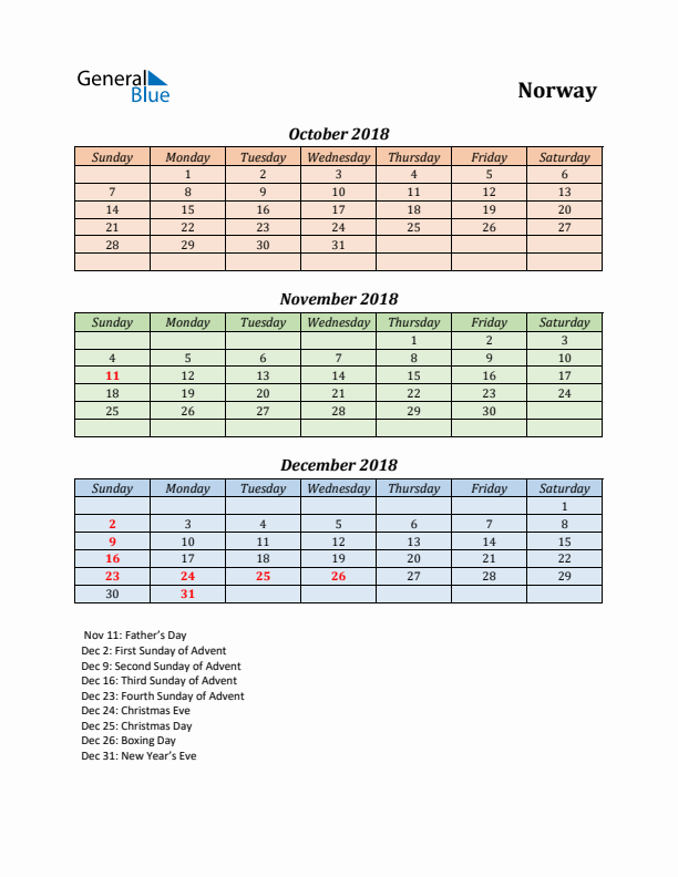 Q4 2018 Holiday Calendar - Norway