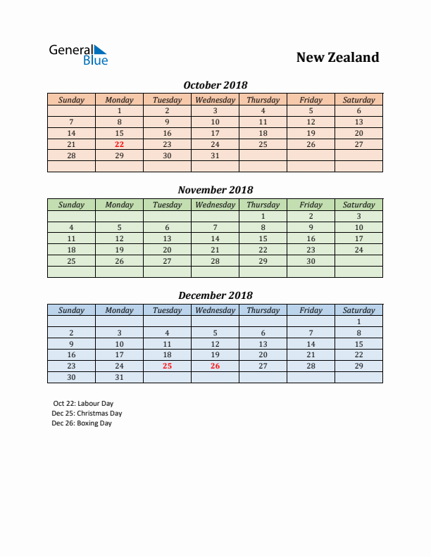 Q4 2018 Holiday Calendar - New Zealand