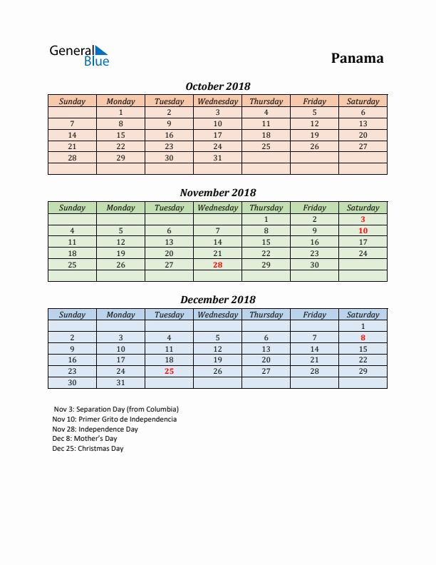 Q4 2018 Holiday Calendar - Panama