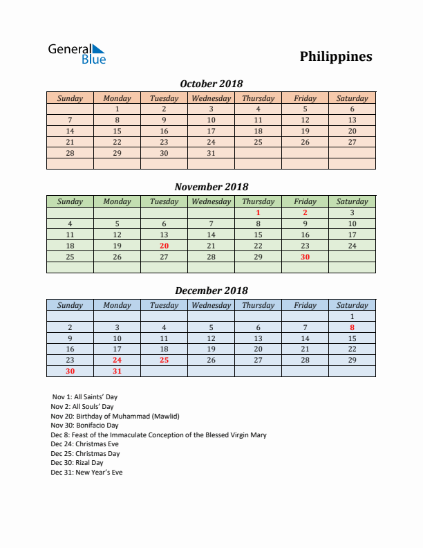 Q4 2018 Holiday Calendar - Philippines