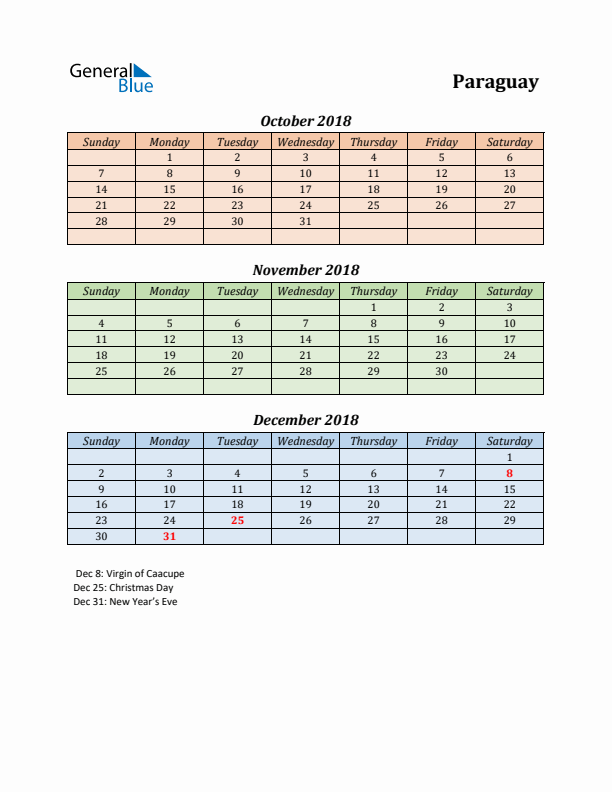 Q4 2018 Holiday Calendar - Paraguay