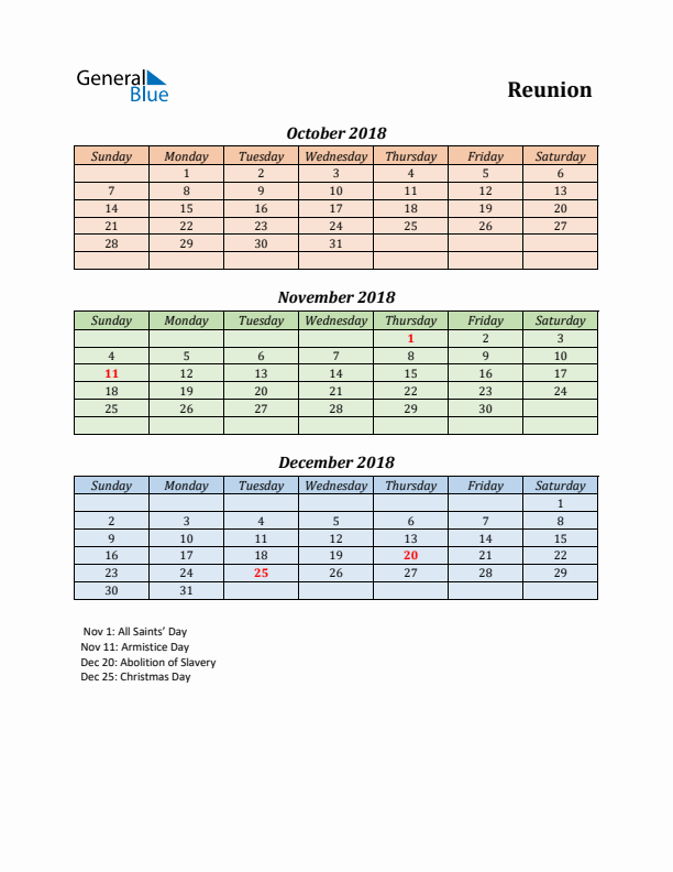 Q4 2018 Holiday Calendar - Reunion