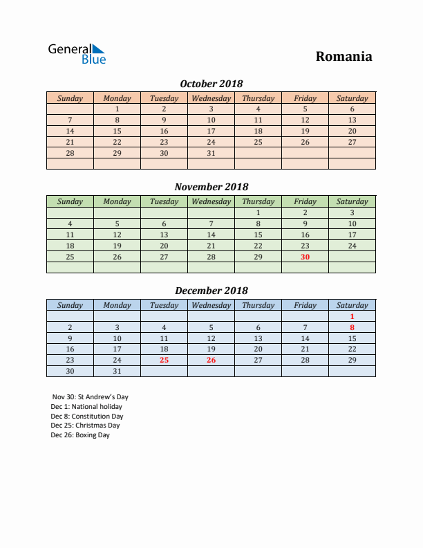 Q4 2018 Holiday Calendar - Romania