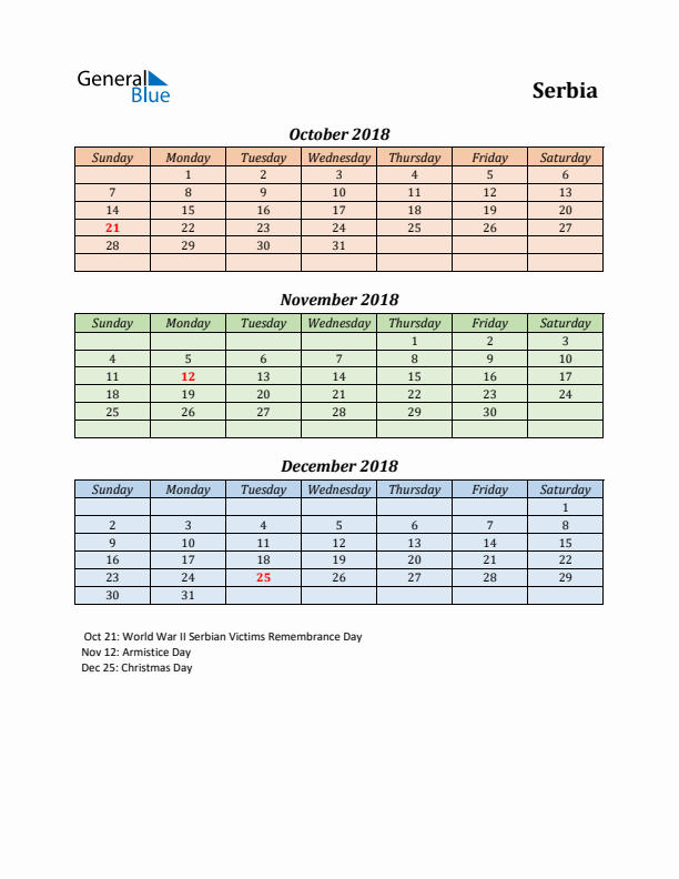 Q4 2018 Holiday Calendar - Serbia