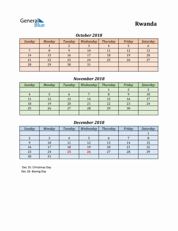 Q4 2018 Holiday Calendar - Rwanda