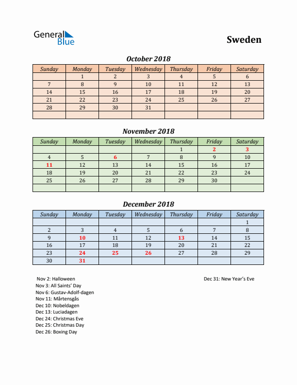 Q4 2018 Holiday Calendar - Sweden