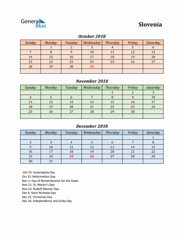 Q4 2018 Holiday Calendar - Slovenia