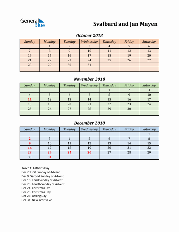 Q4 2018 Holiday Calendar - Svalbard and Jan Mayen