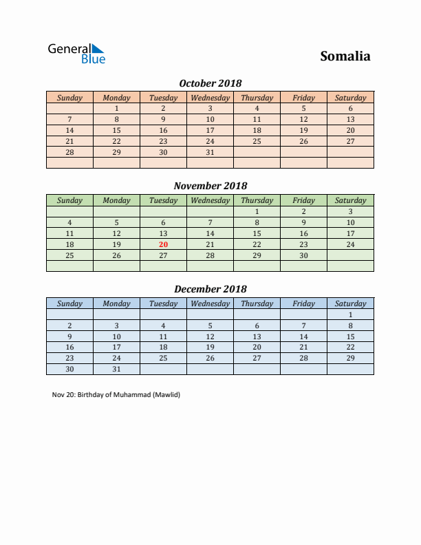 Q4 2018 Holiday Calendar - Somalia