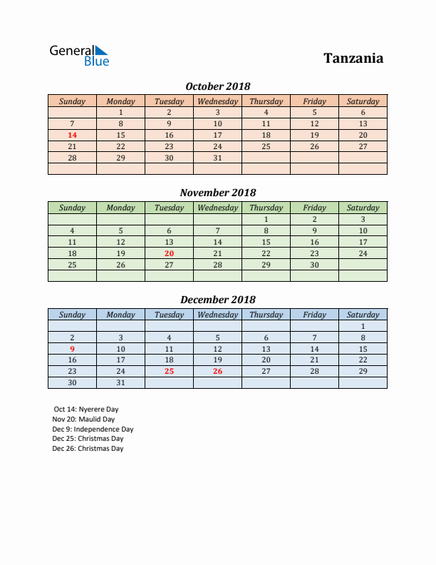 Q4 2018 Holiday Calendar - Tanzania