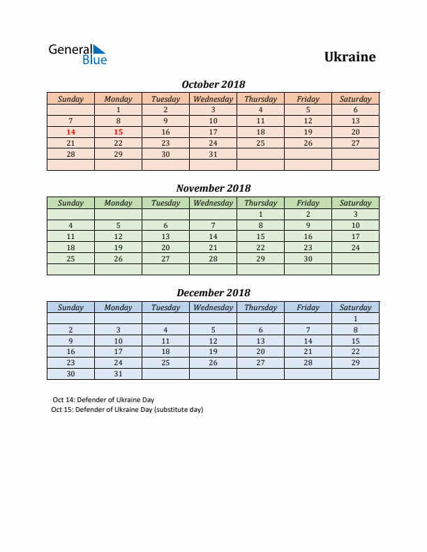 Q4 2018 Holiday Calendar - Ukraine