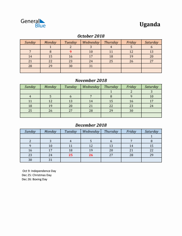 Q4 2018 Holiday Calendar - Uganda