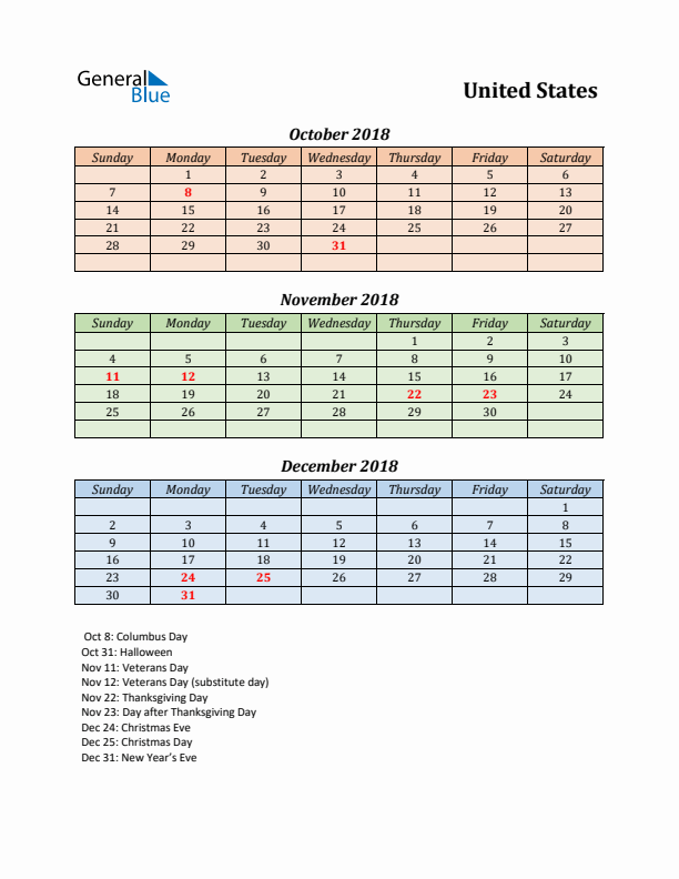 Q4 2018 Holiday Calendar - United States