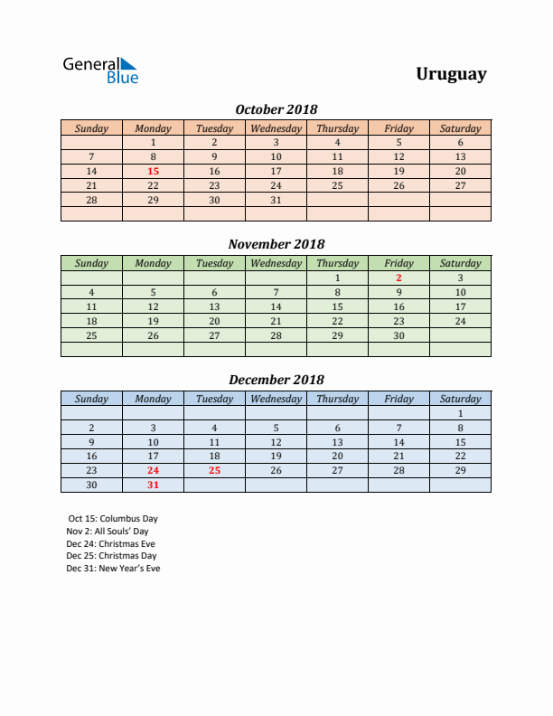 Q4 2018 Holiday Calendar - Uruguay