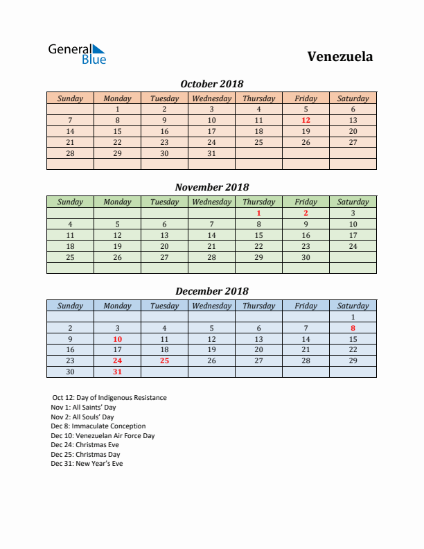 Q4 2018 Holiday Calendar - Venezuela