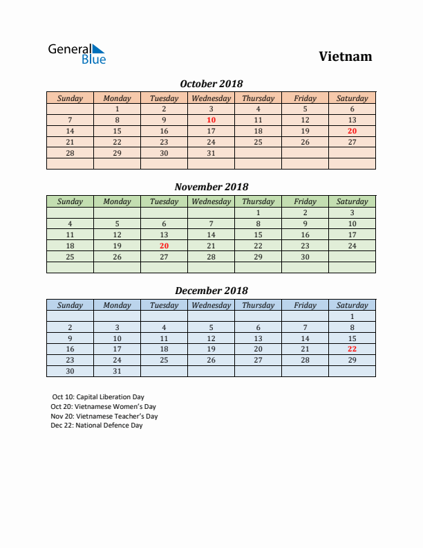 Q4 2018 Holiday Calendar - Vietnam