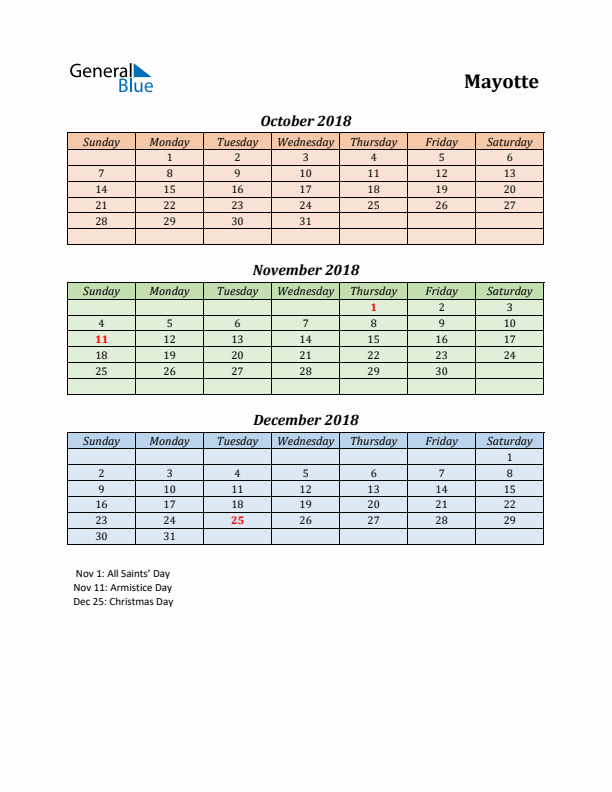 Q4 2018 Holiday Calendar - Mayotte