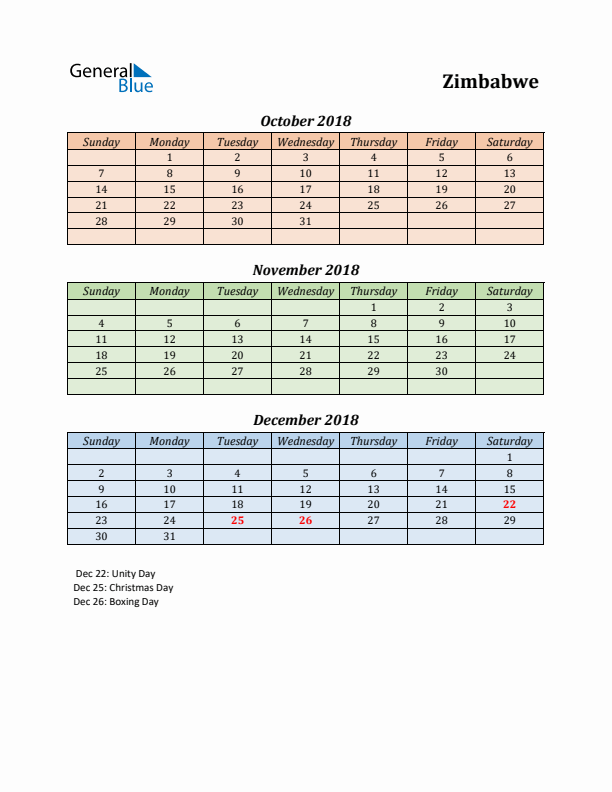 Q4 2018 Holiday Calendar - Zimbabwe