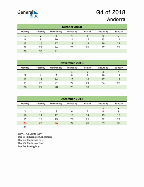 Quarterly Calendar 2018 with Andorra Holidays