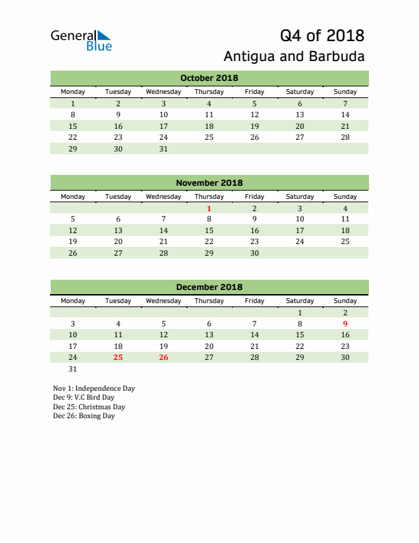 Quarterly Calendar 2018 with Antigua and Barbuda Holidays