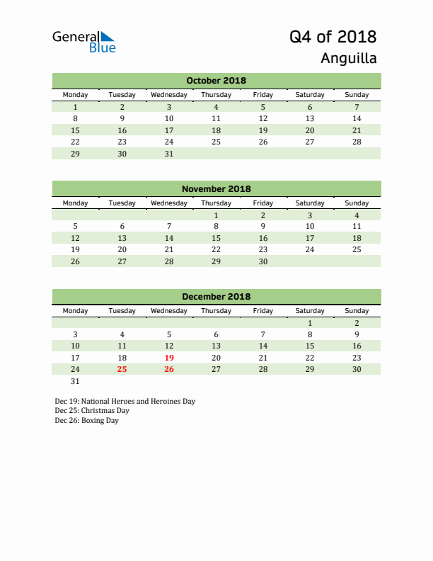 Quarterly Calendar 2018 with Anguilla Holidays