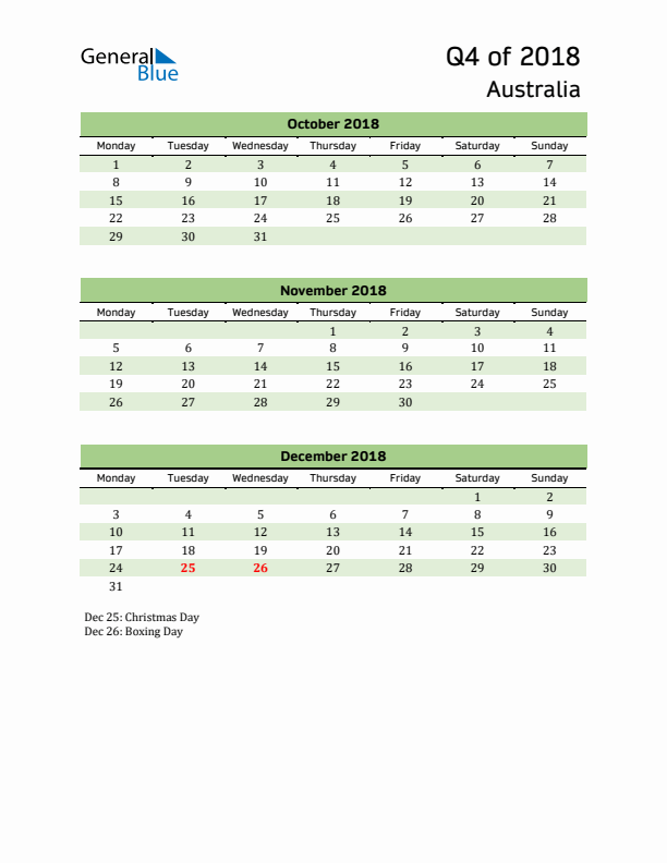 Quarterly Calendar 2018 with Australia Holidays