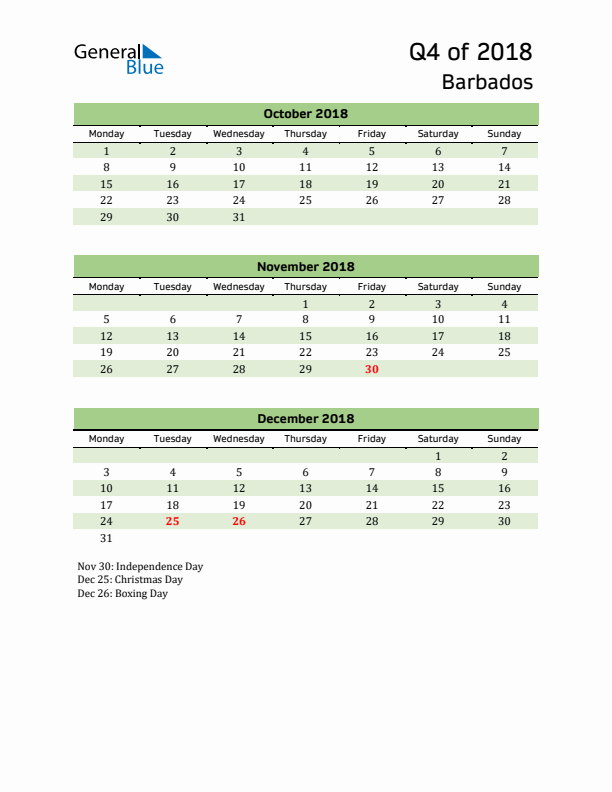 Quarterly Calendar 2018 with Barbados Holidays