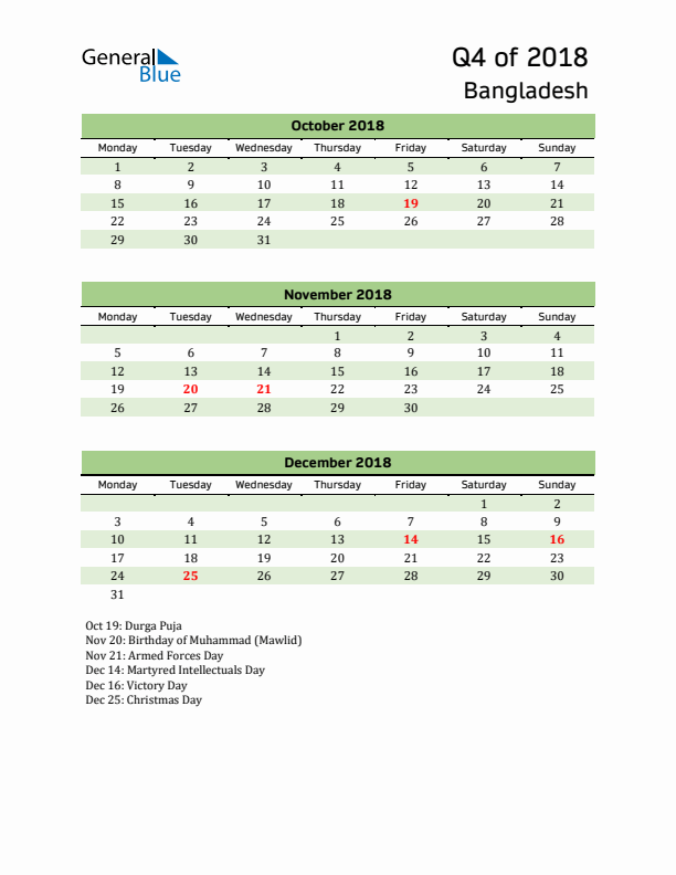 Quarterly Calendar 2018 with Bangladesh Holidays