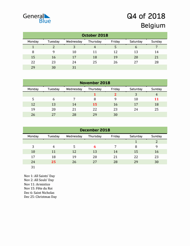 Quarterly Calendar 2018 with Belgium Holidays