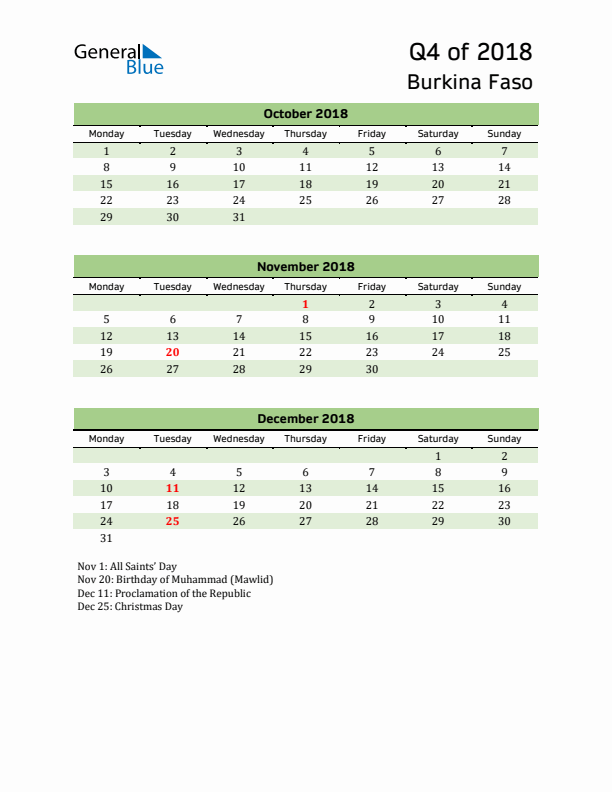 Quarterly Calendar 2018 with Burkina Faso Holidays