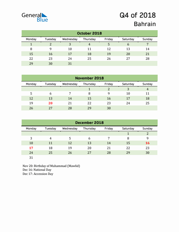 Quarterly Calendar 2018 with Bahrain Holidays