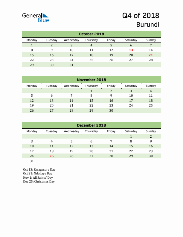 Quarterly Calendar 2018 with Burundi Holidays