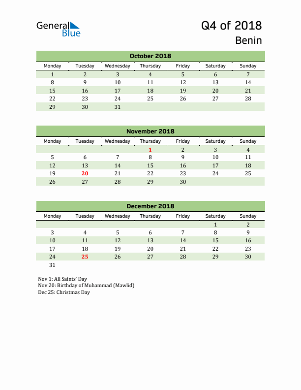 Quarterly Calendar 2018 with Benin Holidays