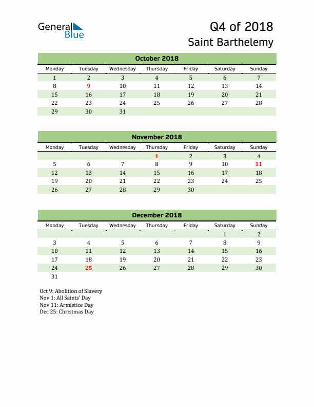 Quarterly Calendar 2018 with Saint Barthelemy Holidays