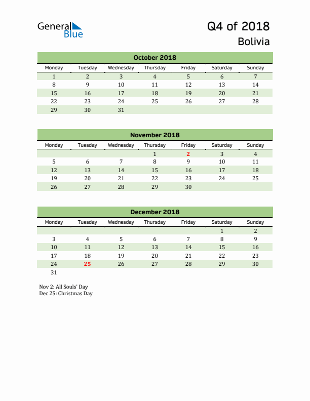 Quarterly Calendar 2018 with Bolivia Holidays