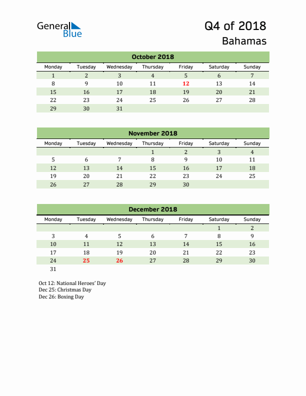 Quarterly Calendar 2018 with Bahamas Holidays